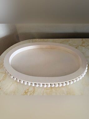 Farmhouse Chic Oval Wood Beaded Decorative Tray
